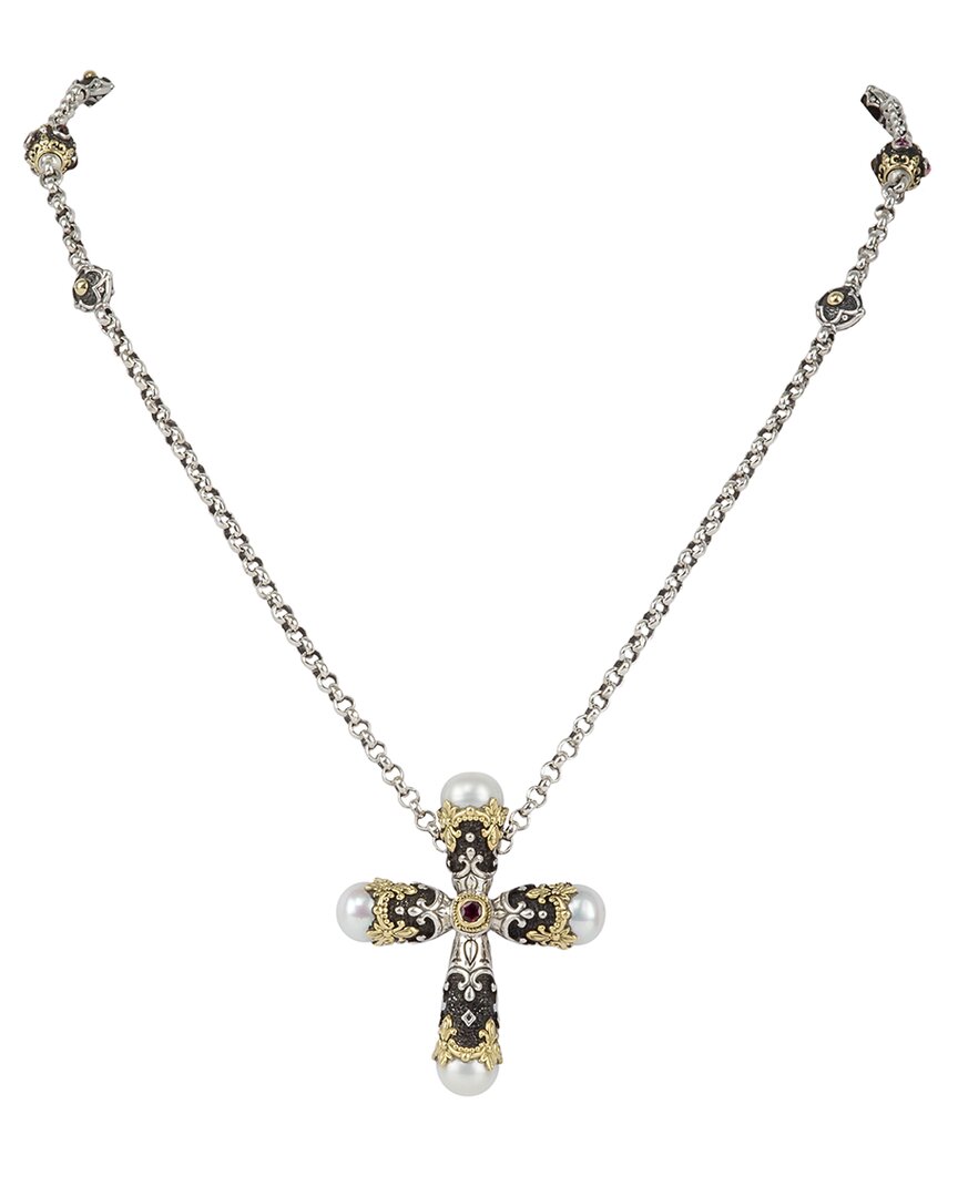 Konstantino Nemesis 18k & Silver Pink Tourmaline 9.50mm Pearl Cross Necklace In Metallic