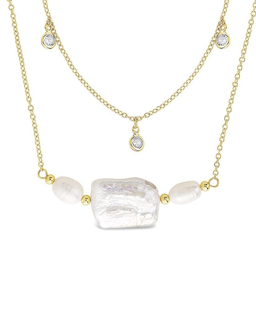 Sterling Forever 14k Plated 9-16mm Baroque Pearls Cz Layered Necklace