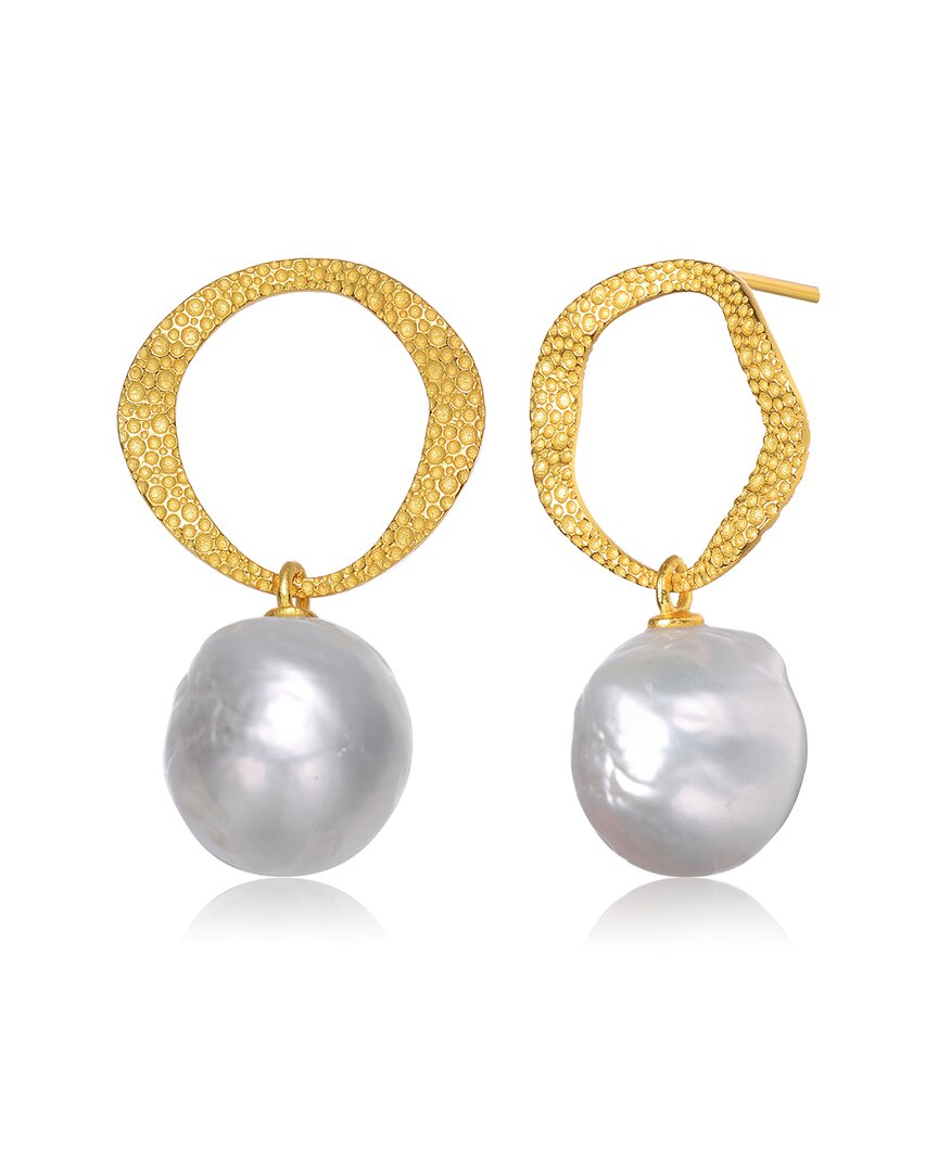 Genevive Sterling Silver Gold Plated Freshwater Button Pearl Drop Earrings