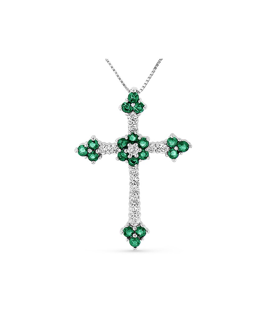 Diana M. Fine Jewelry 14k 1.10 Ct. Tw. Diamond & Emerald Cross Pendant Necklace In Metallic