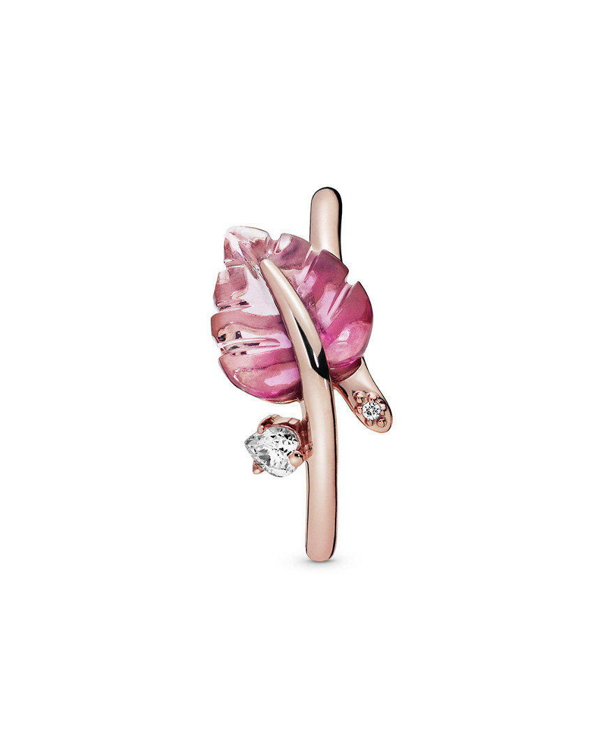 PANDORA PANDORA ROSE 14K ROSE GOLD PLATED PINK MURANO GLASS CZ LEAF RING
