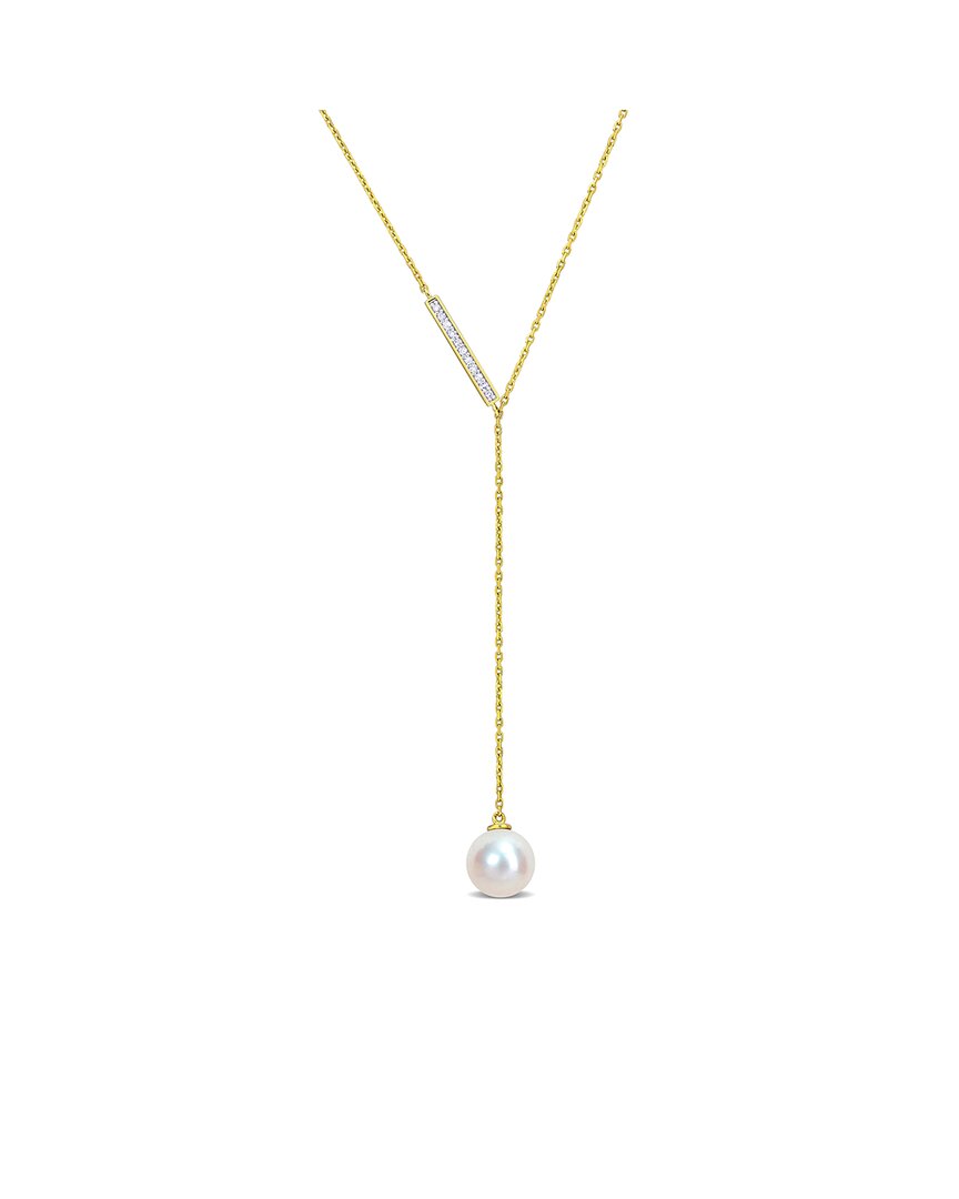 Rina Limor 10k 0.07 Ct. Tw. Diamond & 8-8.5mmmm Pearl Lariat Necklace