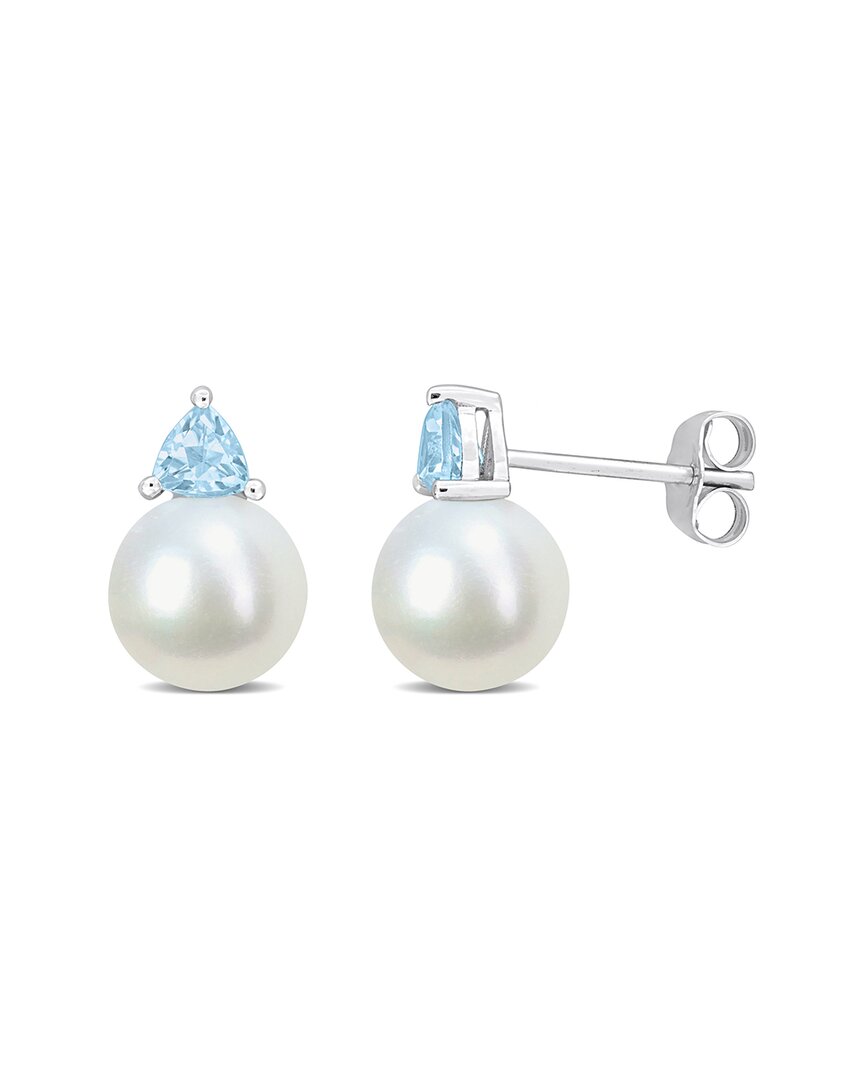 Rina Limor 10k 0.54 Ct. Tw. Sky Blue Topaz & 8-8.5mmmm Pearl Studs
