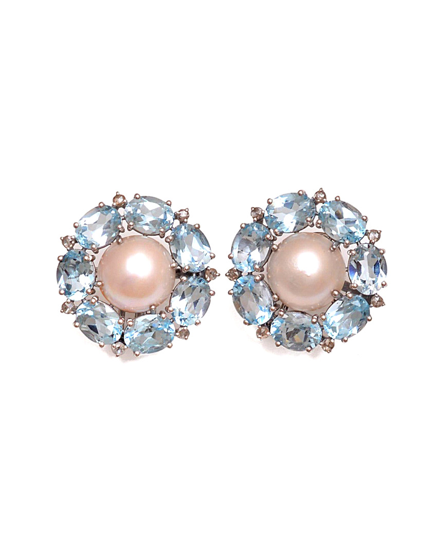 Arthur Marder Fine Jewelry Silver 0.15 Ct. Tw. Diamond, Blue Topaz, & 12mm Pearl Earrings