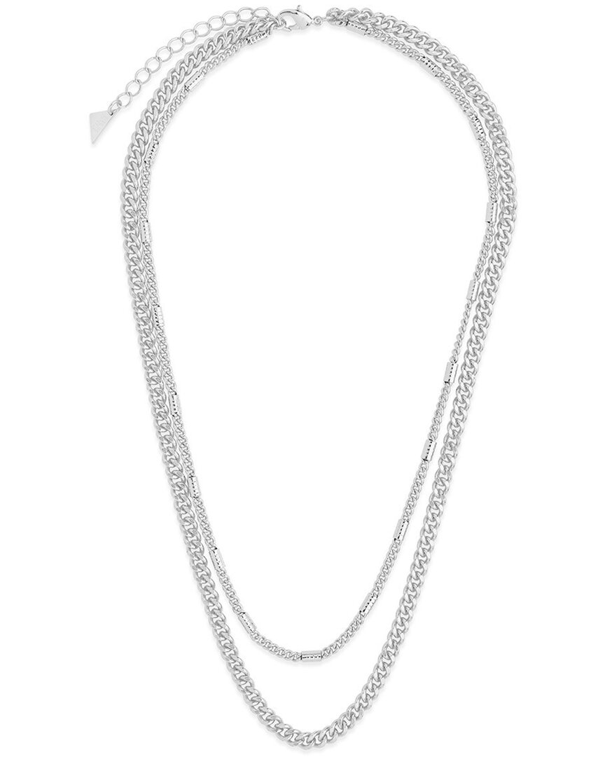 Sterling Forever Rhodium Plated Curb & Station Layered Chain Necklace