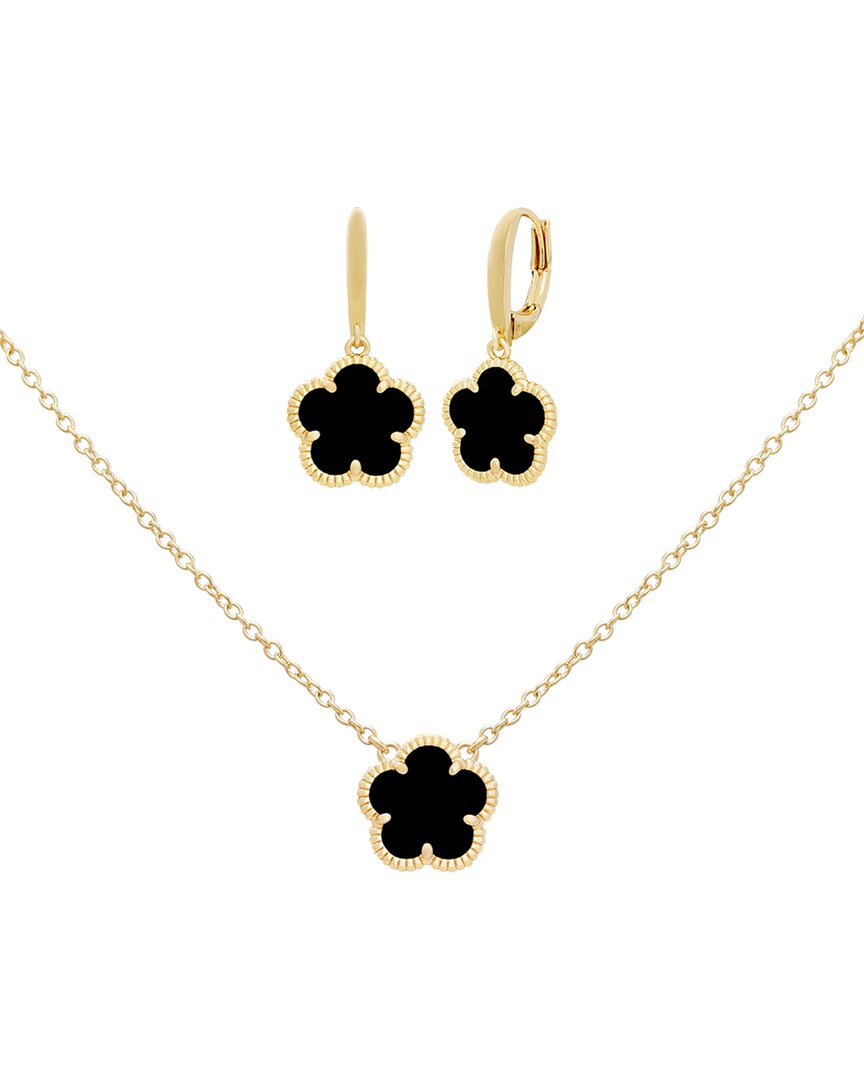 Jankuo Flower 14k Plated Onyx Earrings & Necklace Set In Gold