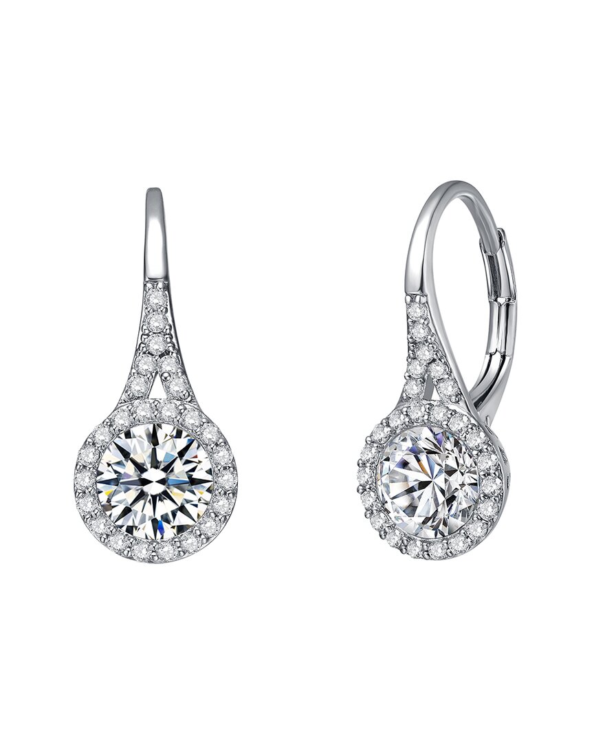 Rachel Glauber White Gold Plated Clear Round Cubic Zirconia Partially Paved And Haloed Solitaire Drop Earrings