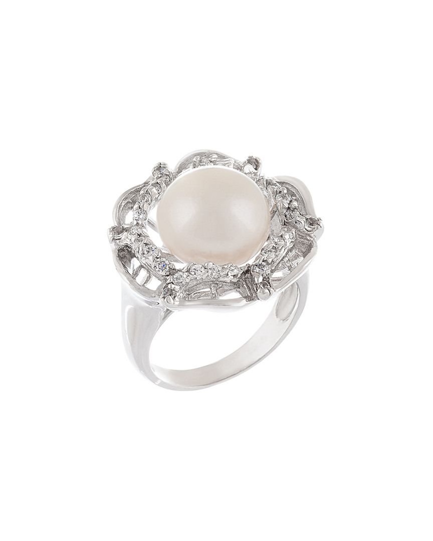 Splendid Pearls Rhodium Plated 7.5-8mm Pearl & Cz Ring In Metallic