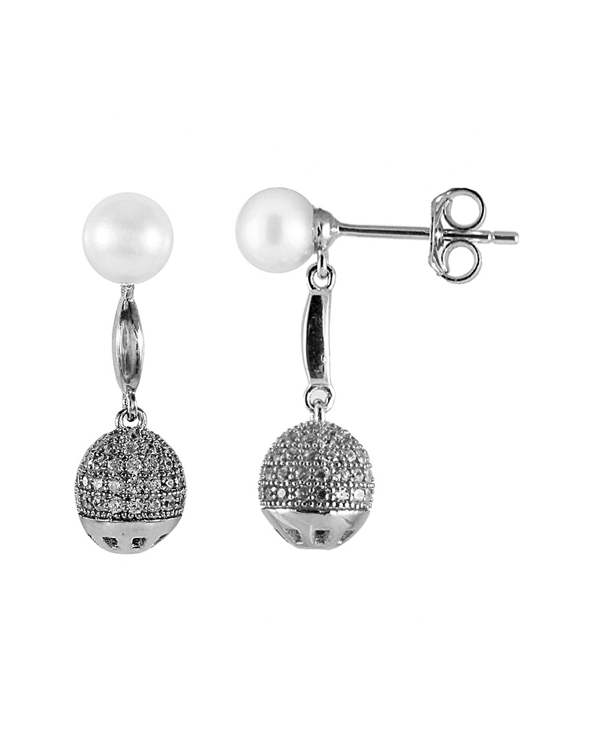 Splendid Pearls Rhodium Plated 5-5.5mm Pearl & Cz Earrings