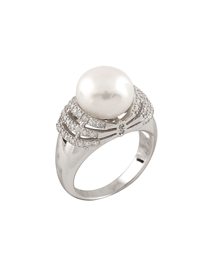 Splendid Pearls Rhodium Plated 10-10.5mm Pearl & Cz Ring