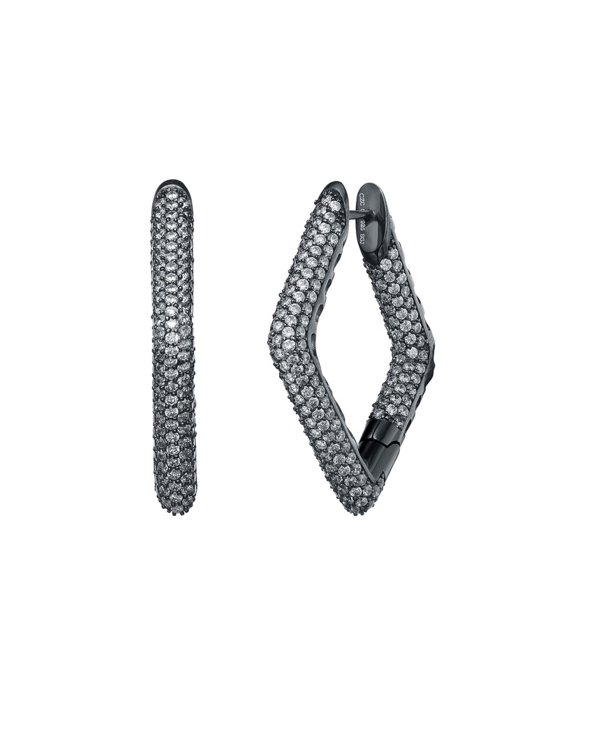 Genevive Black Plated Over Silver Cz Geometric Hoop Earrings