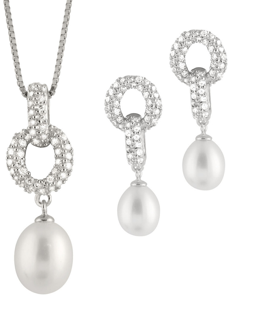 Splendid Pearls Pearl & Cz Necklace & Earring Set