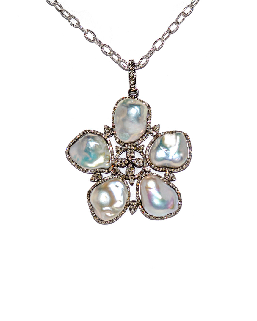 Arthur Marder Fine Jewelry Silver 2.00 Ct. Tw. Diamond & 14mm Pearl 30in Necklace