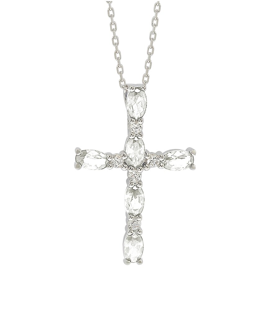 Suzy Levian Silver 0.02 Ct. Tw. Diamond & White Topaz Cross Pendant In Metallic