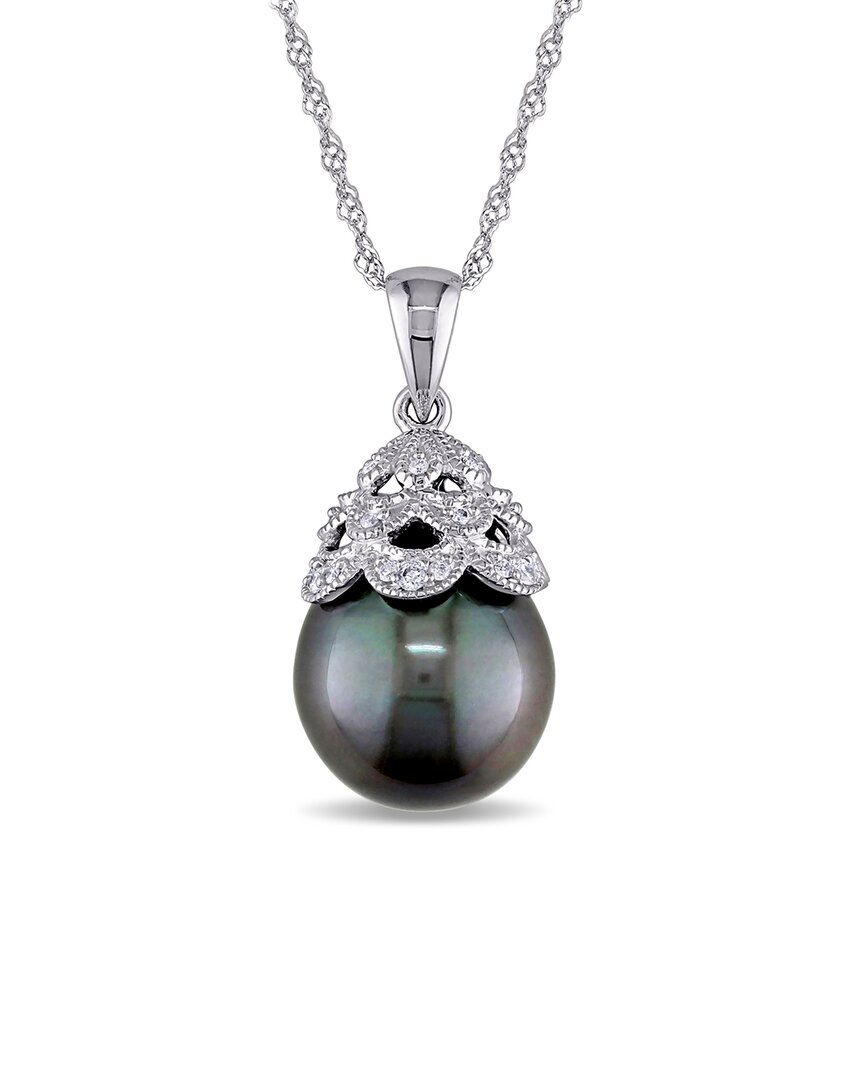 Pearls 10k Diamond 10-10.5mm Pearl Filigree Pendant Necklace