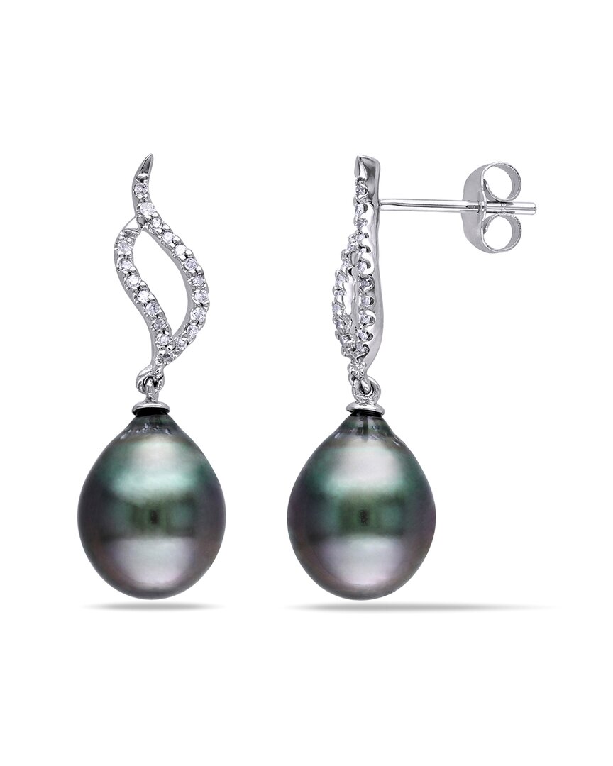 Pearls 10k 0.11 Ct. Tw. Diamond 9-9.5mm Pearl Flame Drop Earrings
