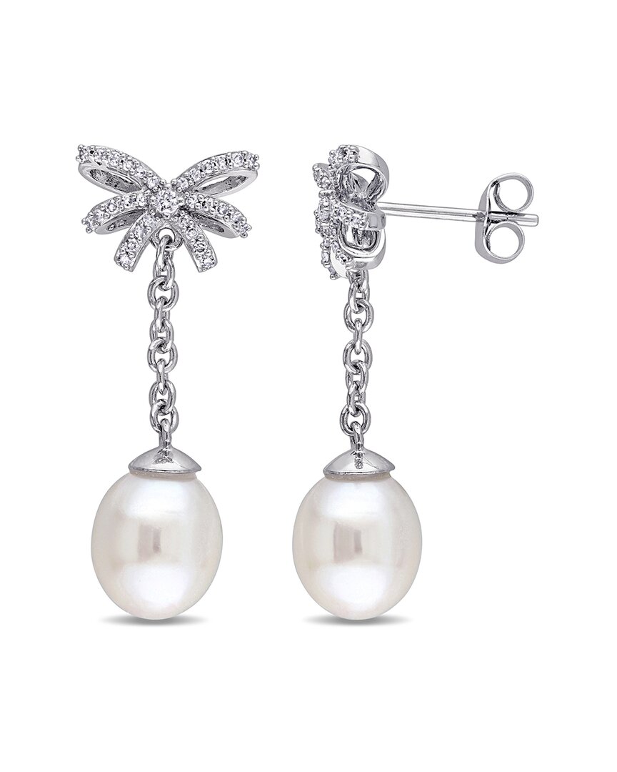 Pearls 10k 0.21 Ct. Tw. Diamond 8-8.5mm Pearl Dangle Earrings