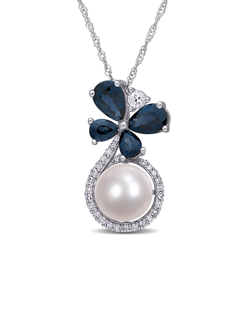 Pearls 10k 1.55 Ct. Tw. Diamond & Gemstone 7.5-8mm Pearl Drop Necklace