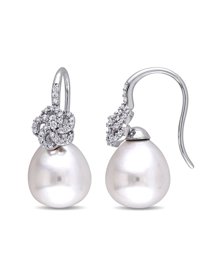 Pearls 14k 0.27 Ct. Tw. Diamond 10-10.5mm Pearl Floral Drop Earrings