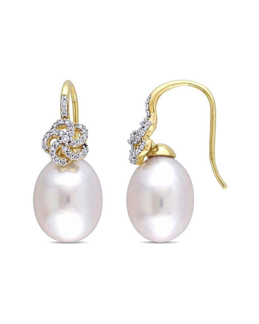 Pearls 14k 0.27 Ct. Tw. Diamond 10-10.5mm Pearl Floral Drop Earrings