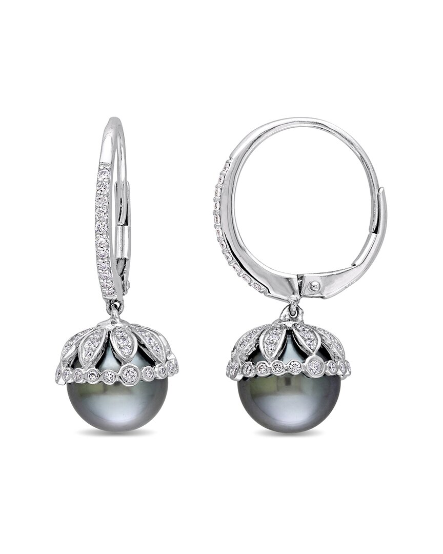 Pearls 14k 0.52 Ct. Tw. Diamond 9-9.5mm Pearl Floral Drop Earrings
