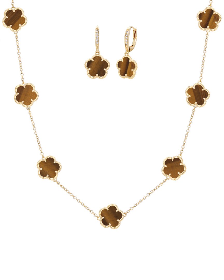 Jankuo Flower 14k Plated Tiger Eye Cz Earrings & Necklace Set In Brown