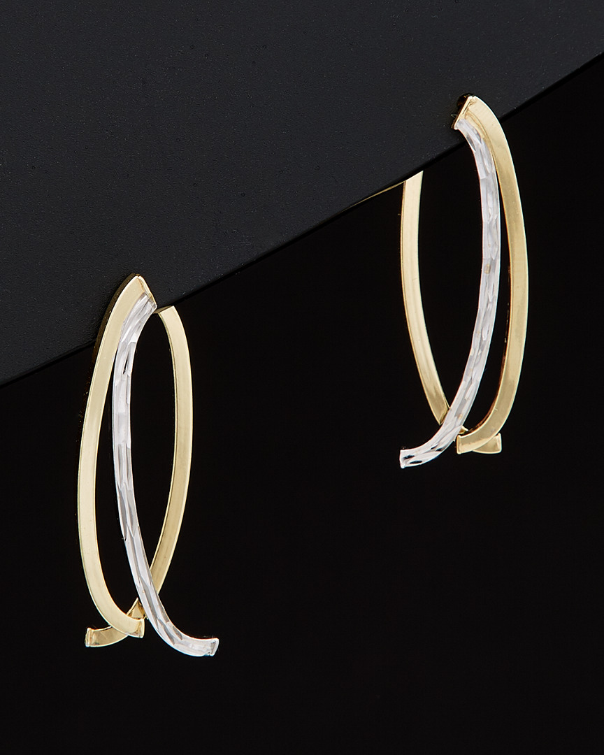 Italian Gold 14k  Two-tone Polished & Diamond Cut Double Curved Bar Front & Back Earrings