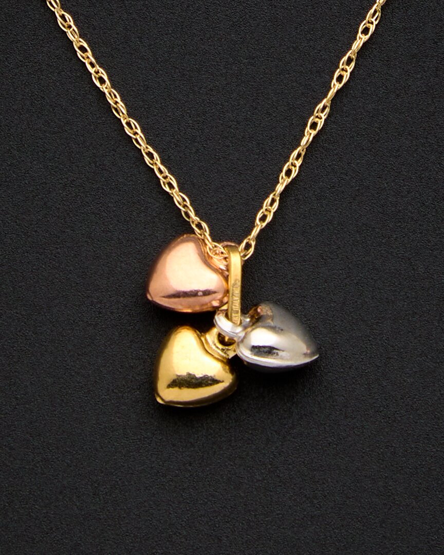 Italian Gold 14k Italian Tri-tone Gold Triple Petite Puffed Heart Pendant Necklace In Gold