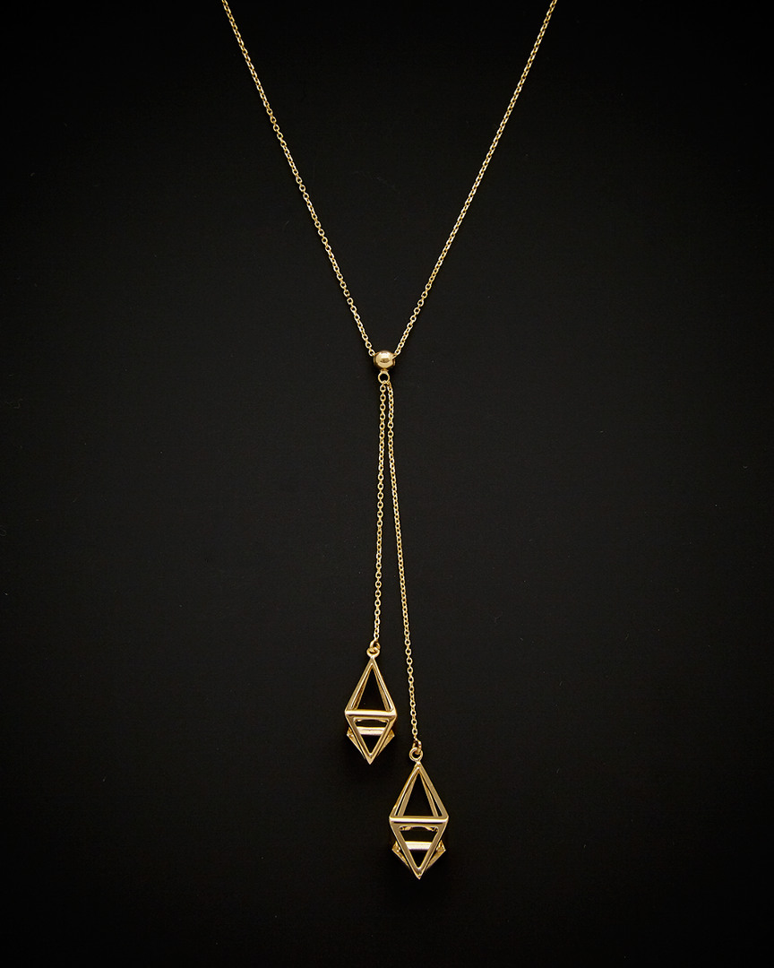 Italian Gold 3d Diamond Cage Drop Adjustable Lariat Necklace