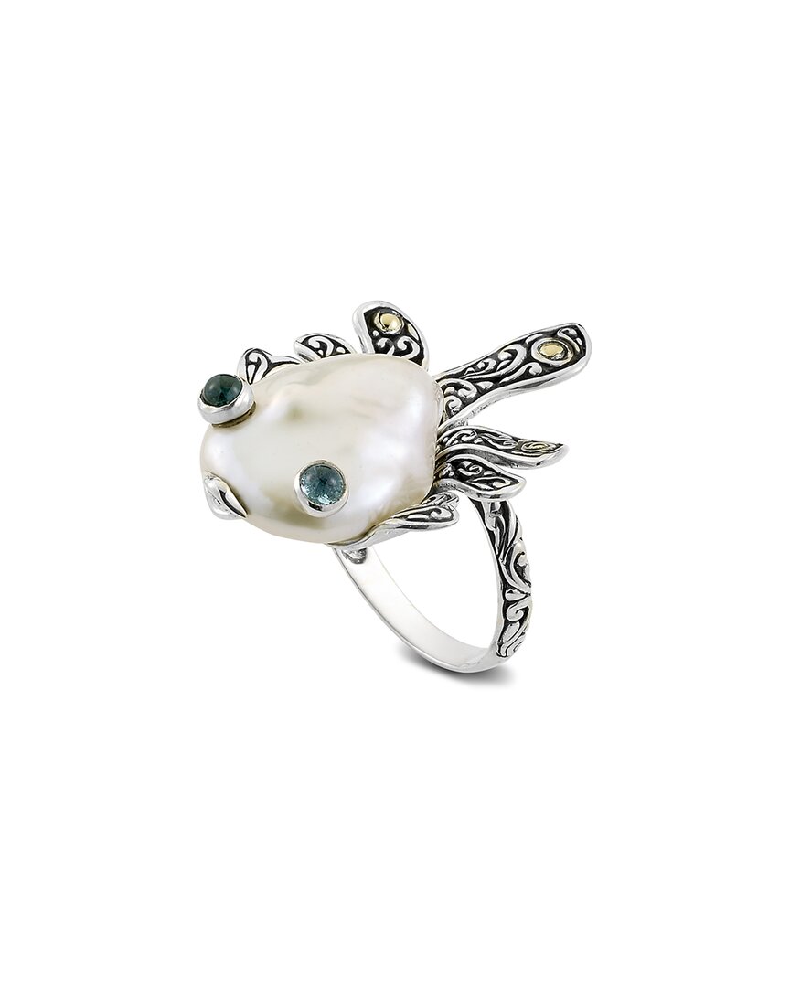 Samuel B. Silver & 18k Blue Topaz & Pearl Ring In Metallic