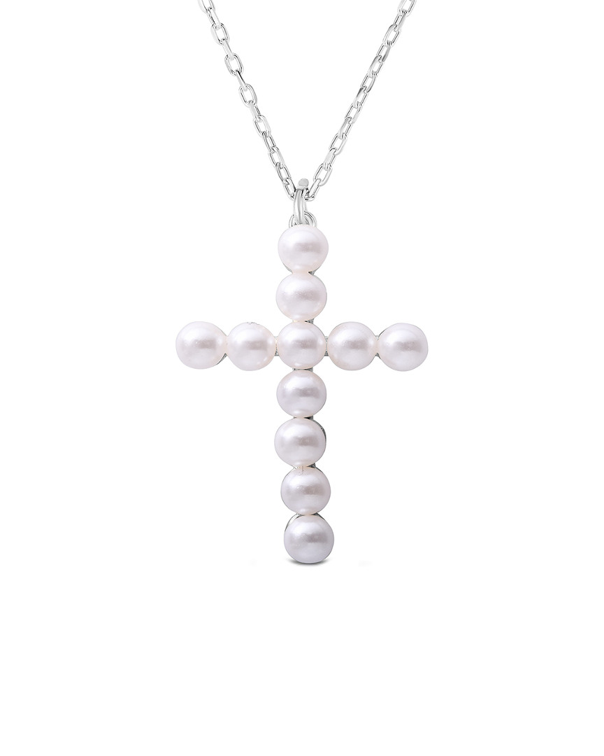 Sphera Milano 14k Over Silver 3mm Pearl Cross Necklace In Metallic